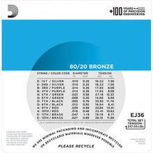 Load image into Gallery viewer, D'Addario 80/20 Bronze 12 String 10-47 Acoustic Guitar Strings - EJ36