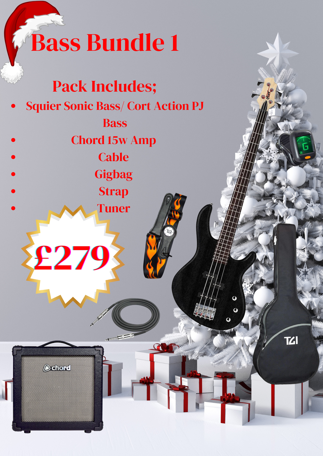 Cort Beginner Bass Bundle w/Chord CB-15BT Bass Amp