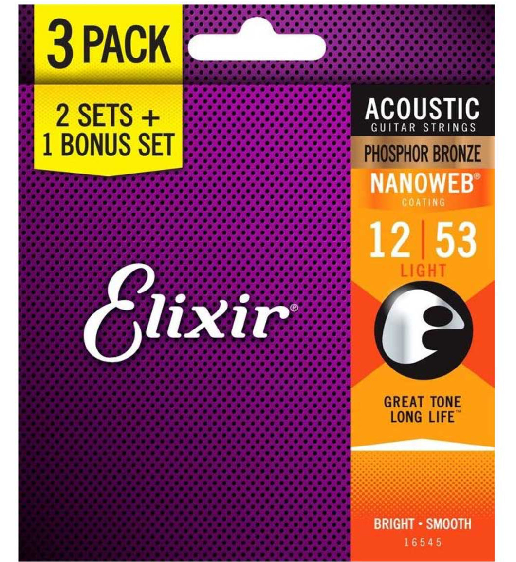 Elixir Phosphor Bronze 12-53 Acoustic Guitar Strings - 3 Pack