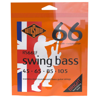 Package of Rotosound RS66LF swing bass guitar strings with a red and orange design.