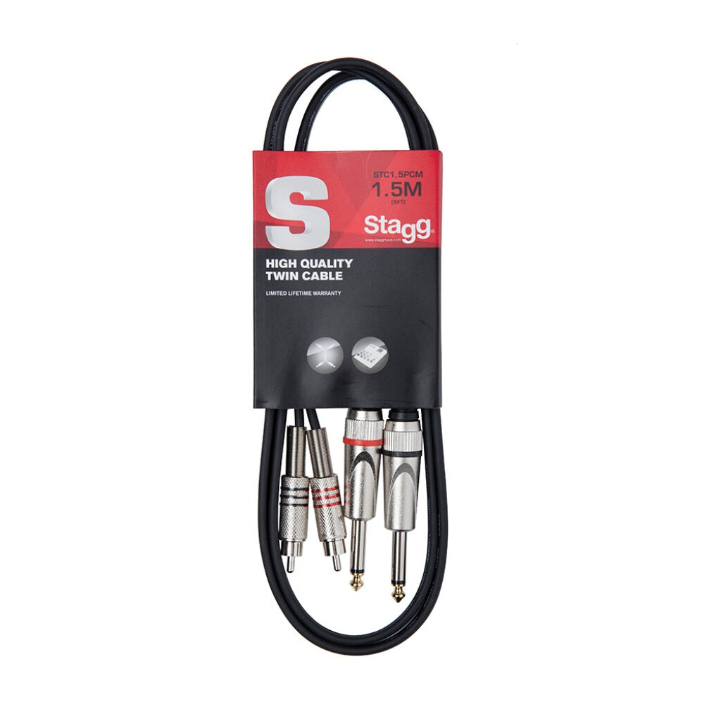 Stagg 1.5m RCA - 6.3mm Male Jack Audio Twin Lead - Black